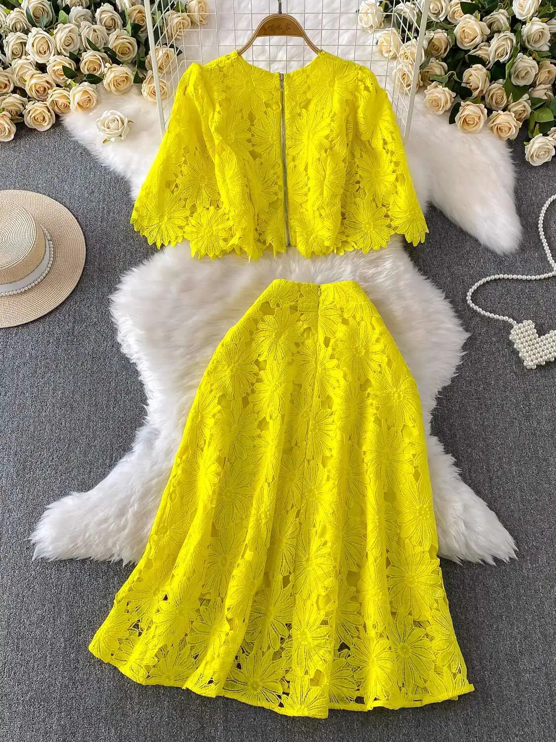 Maxy Elegant 2 Piece Set Women Summer Autumn Hollow Out Crochet Embroidery Prom Evening Party Long Dress Suits Crop Top Skirts Suits
