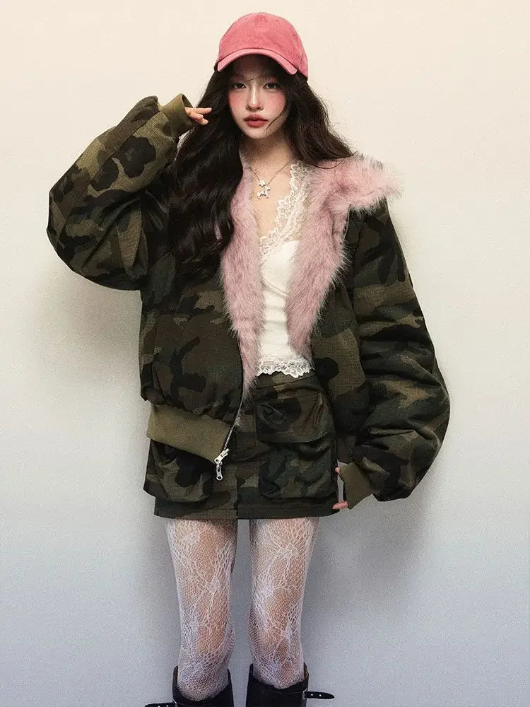 Maxy New Winter American Retro Pink Fur Hooded Workwear Thickened Short Jacket Skirt Two-piece Suit for Women