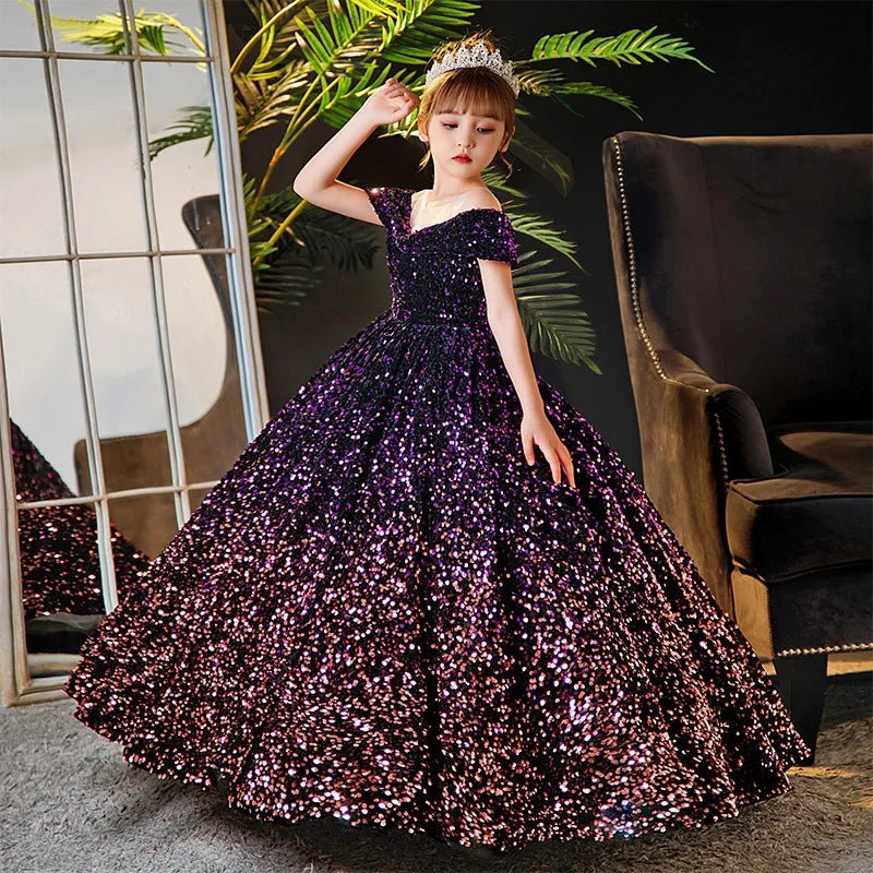 Maxy Little Girl Deep Purple Dresses Party and Wedding Summer Kids Birthday Evening Long Dress Sequin Luxury Gowns Child Costume