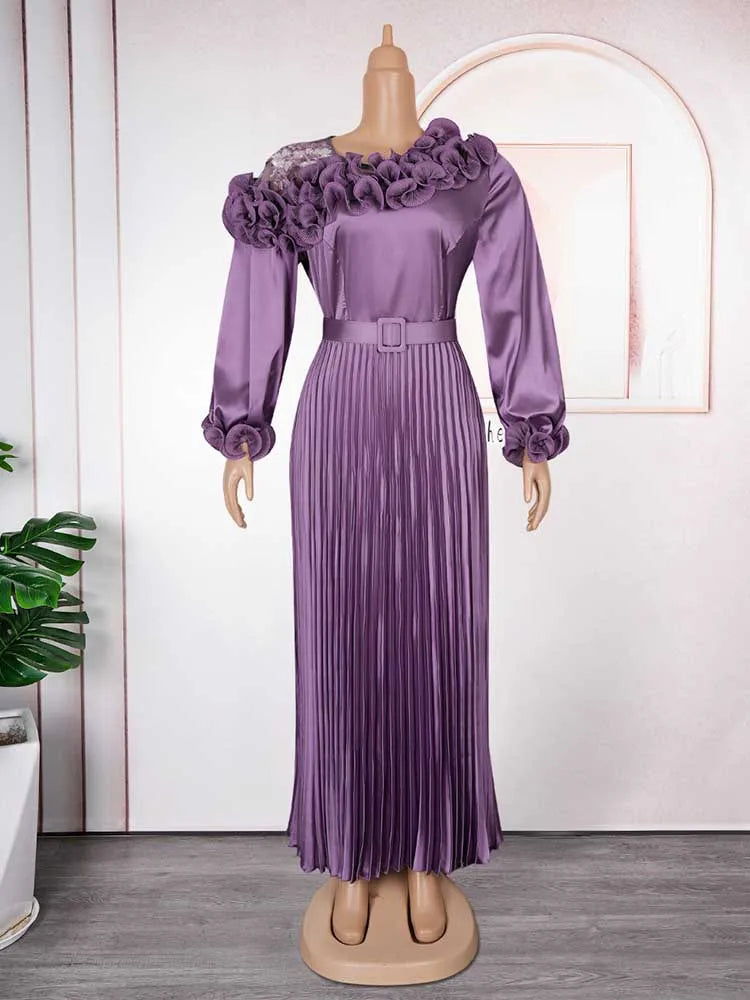 Maxy Woman Autumn Clothes Maxy Long Sleeve Dress with Belt Evening Birthday Elegant and Chic Pleated Dress Plus Size Party Dress