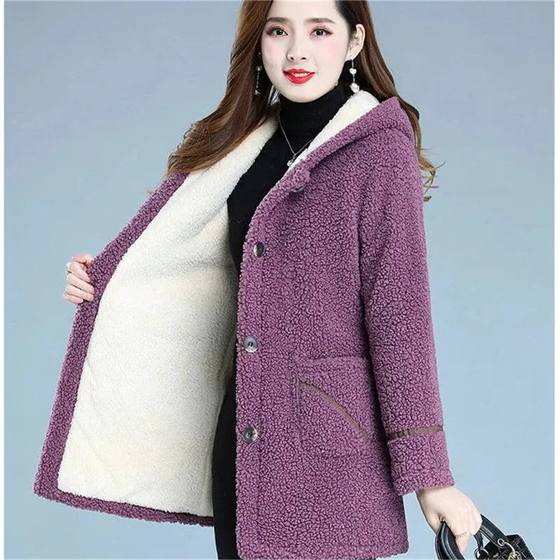 Maxy Mother Winter Warm Coat New Fashion Middle-Aged Women's Autumn Thick Velvet Jacket Thick Hooded Padded Jacket Female Button