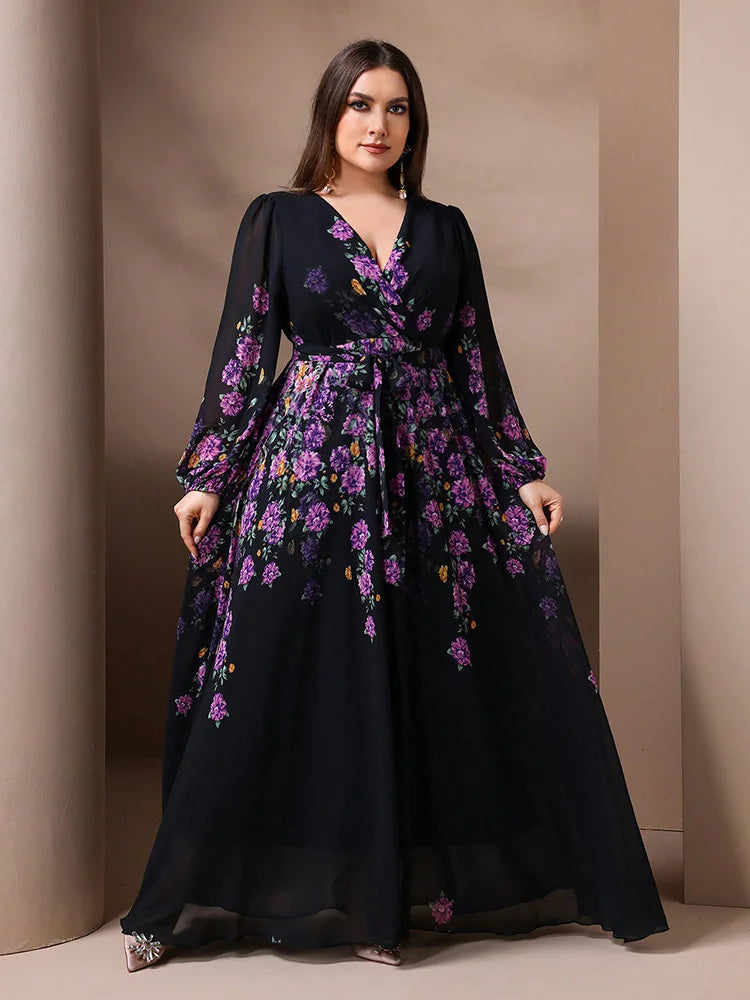 TOLEEN 2024 New Spring Summer Casual Elegant Formal Party Maxi Dresses Plus Size Women's Floral Print V-Neck Long Sleeve Dress