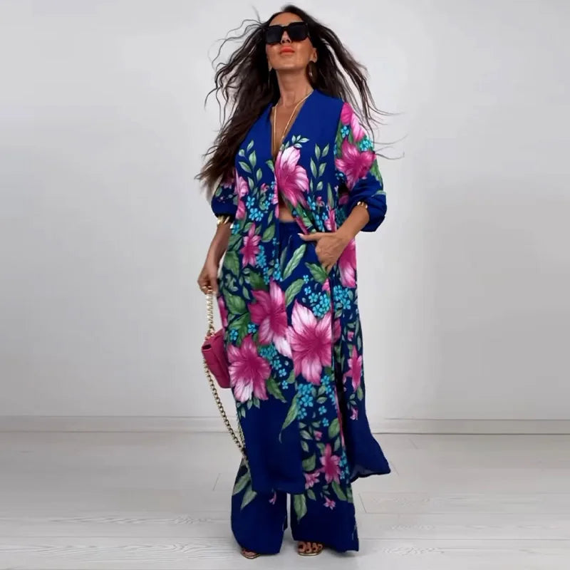 Maxy Business Casual White Tropical Print Long Sleeve Pocket Casual Wide Leg Two Piece Pant Set for Women Autumn Vintage 2 Piece Set