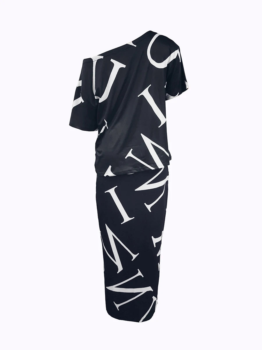 Maxy LW Letter Print Loose Fit Two Pieces Black Elegant Dresses Suits Long Sleeve One Shoulder Top&Drawstring Maxy Skirts