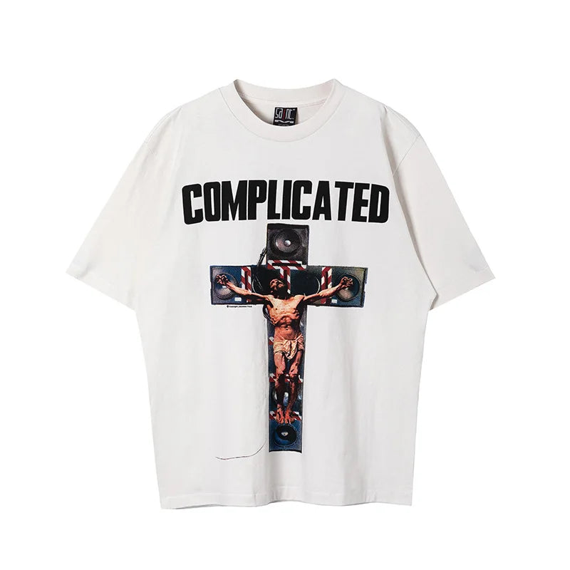 SAINT T Shirt Men Woman Summer Good Quality O-Neck Loose Letter Printing Dropped Shoulder Vintage Tops Tee