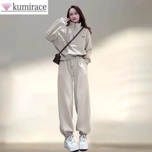 Amay Casual Pants Set for Women, Autumn and Winter Standing Collar Long Sleeved Sweatshirt, Sweatpants Sports Set for Women