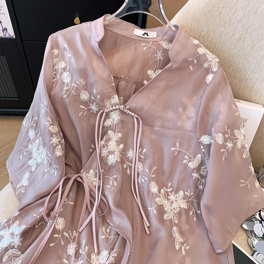 Maxy Plus size Women's dress Summer Casual Chiffon shirt Loose and comfortable Chinese style cardigan top Light and breathable