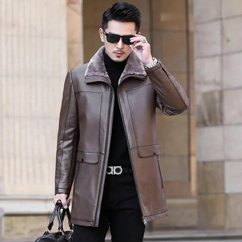 Tcyeek Genuine Leather Jacket Men Business Casual Real Cowhide Coats for Man Thickened Warm Wool Jackets Winter Clothes Overcoat