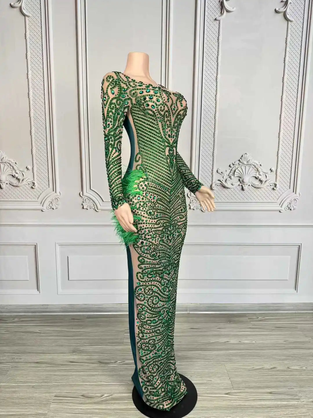 Sexy Elegant Evening Gown Blingbling Green Rhinestones Feather Dress Women Wedding Cocktail Party Photoshoot Stage Wear Costume