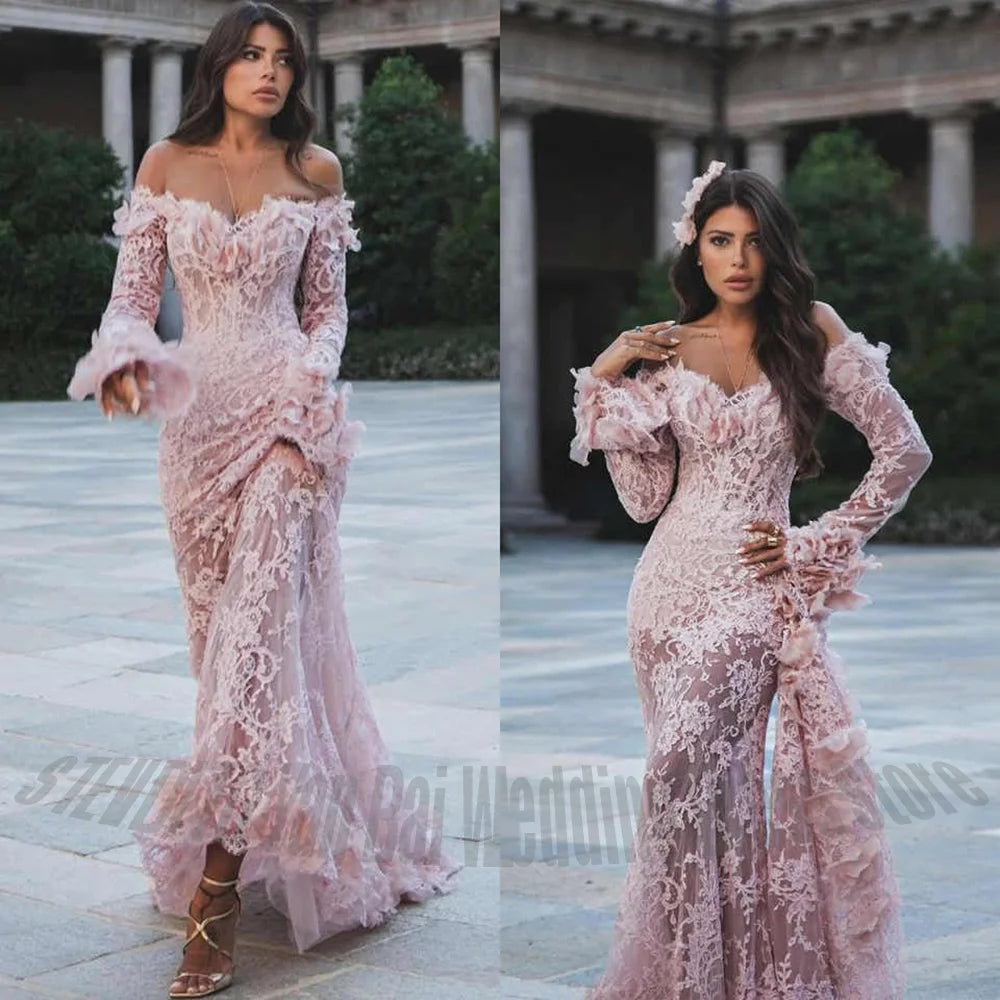 Luxury Lace Pink Long Sleeves Prom Dress For Women Banquet Party Mermaid Floor Length Elegant Formal Evening Gown Customized