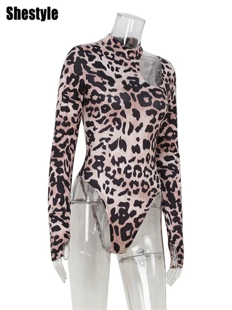 Maxy Shestyle Leopard Cold Shoulder Women Bodysuits Dot Mock Neck Stand Collar Long Sleeve Basic Skinny Design Workwear Winter