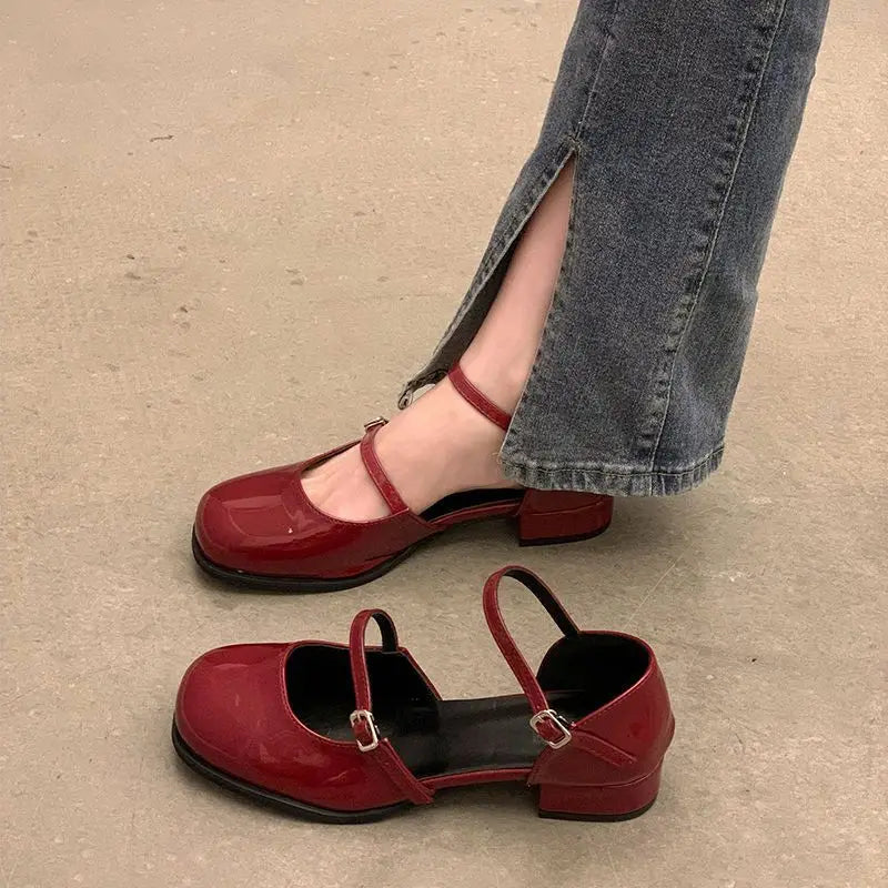 Maxy Shoes Buckle Pumps Women Thick Heels Elegant Shallow Square Toe Footwear Party Office Lady Leather Loafers Shoes