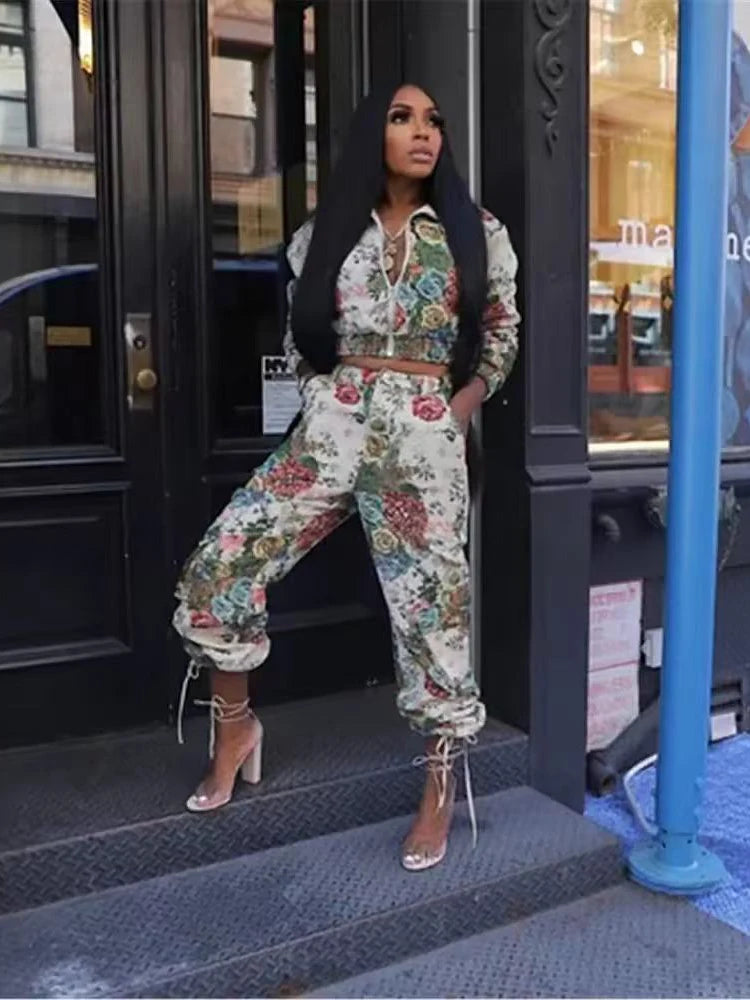 Maxy Street Tracksuit Two Piece Set Women Long Sleeves Zipper Jacket+High Waist Button Floral Print Wide Leg Cargo Pants Women Outfit