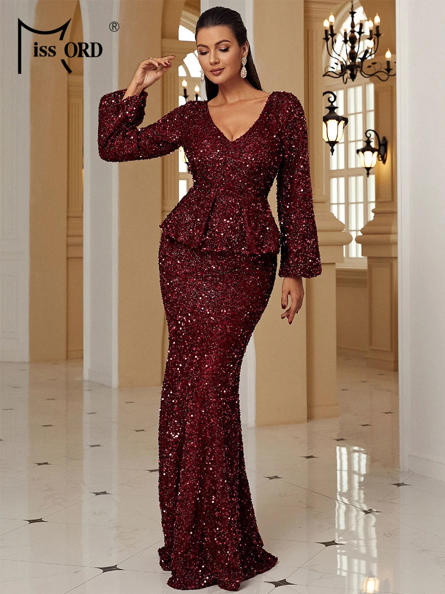 Momsey New Long Sleeve Maxy Evening Dress Lantern Sleeve Sequin Prom Dress Elegant Dresses For Party Dress