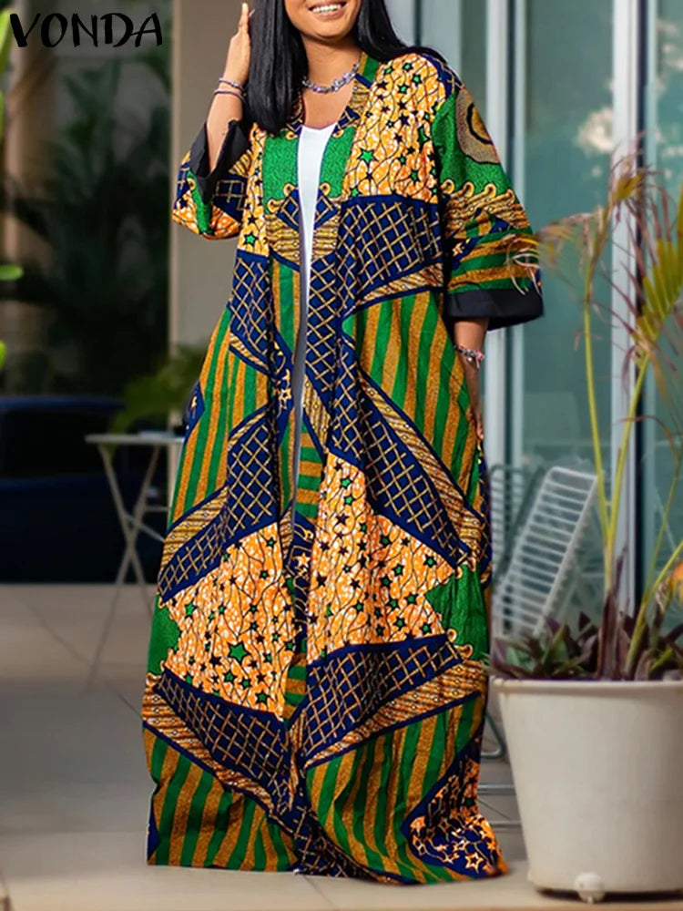 Maxy Plus Size VONDA Women Long Cardigans Bohemian Cover-ups Blouse Printed Long Sleeve Cardigans Casual Loose Elegant Shirts