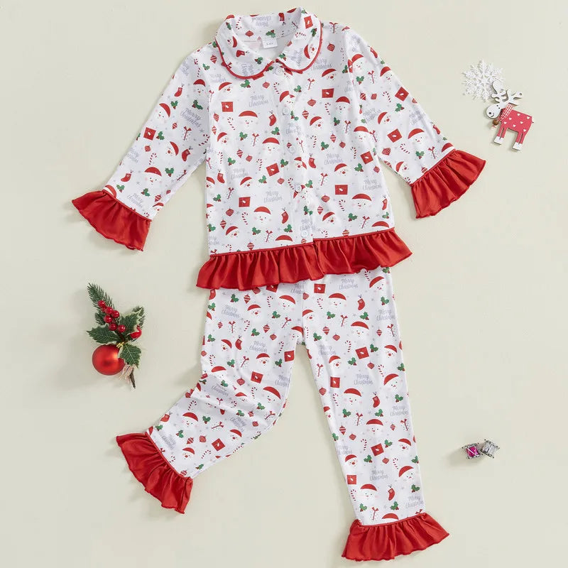 Max 1 to 5 Years Baby Girl Christmas Pajama Sets Long Sleeve Lapel Candy Cane/Santa Claus Print Shirt Pants Sleepwear