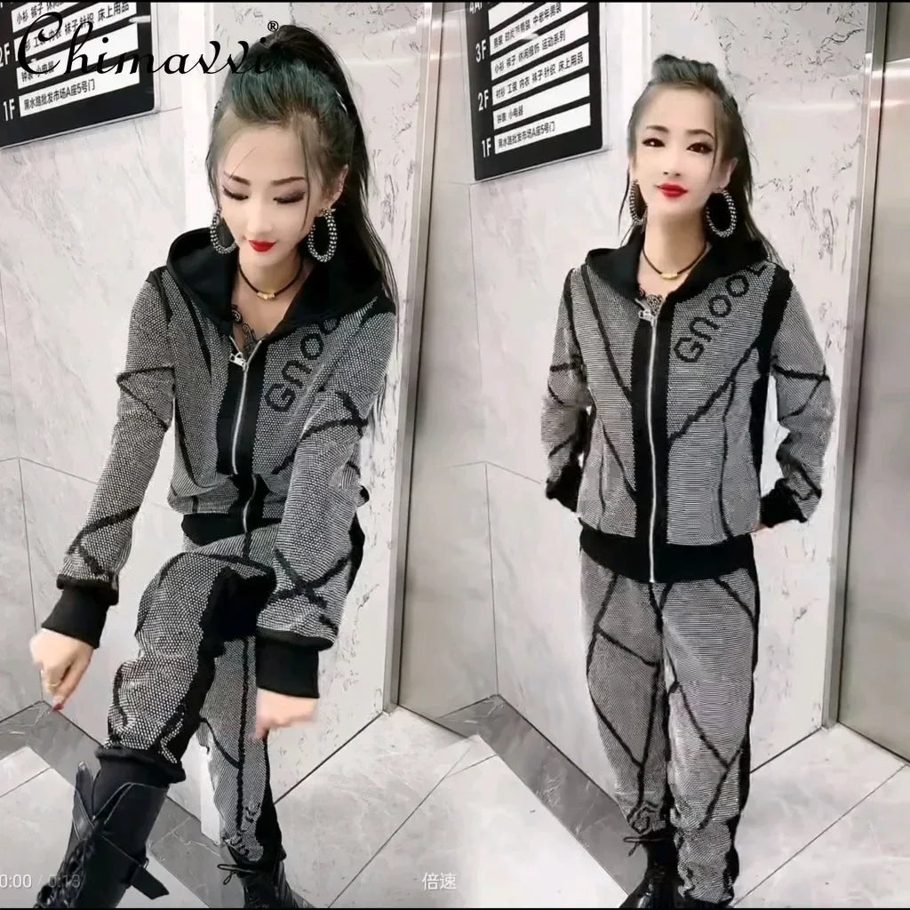 Maxy European Heavy Hot Diamond Thin Casual Sports Two-piece Suit Autumn Fashion Long-sleeved Hooded Jacket Trousers Women's Outfits