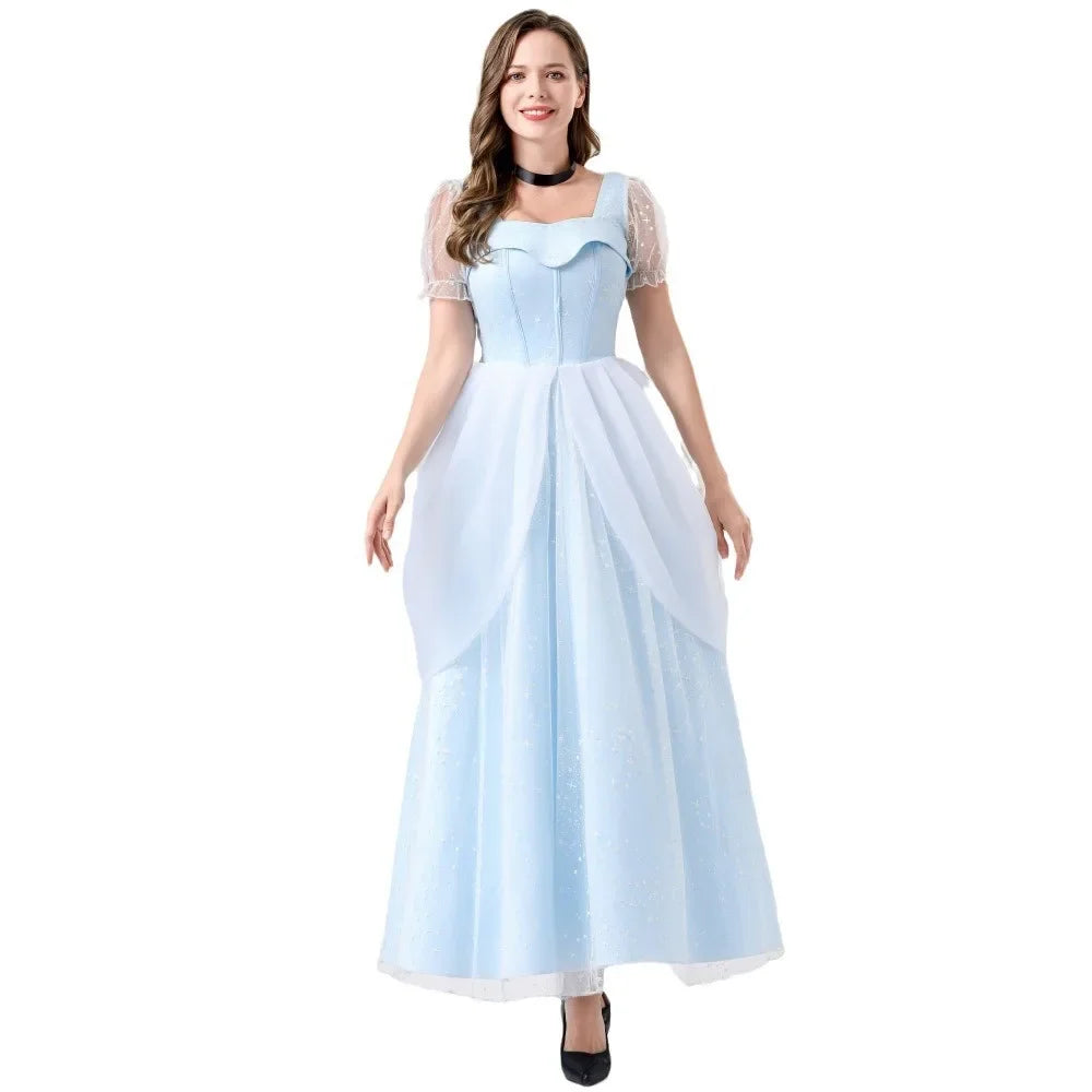 Women Medieval Cinderella Princess Dress Fancy Blue Fairy Tail Costume Adult Halloween Party Ball Gown School Performance Outfit