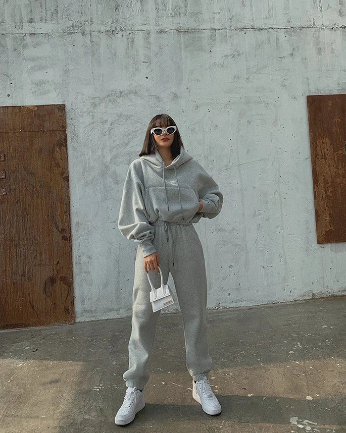 Maxy Wholesale Fleece Hoodie with Jogger Pant Sweat Suit Fall Winter 2 Piece Set Tracksuit Women Sports Outfit Two Piece Solid Casual