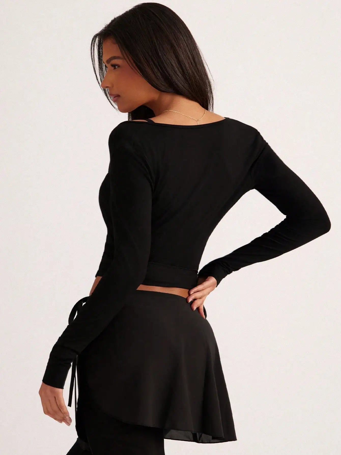 Maxy Women's Long Sleeve Wrap Crop Top With Tie-Up Detail Casual Sporty