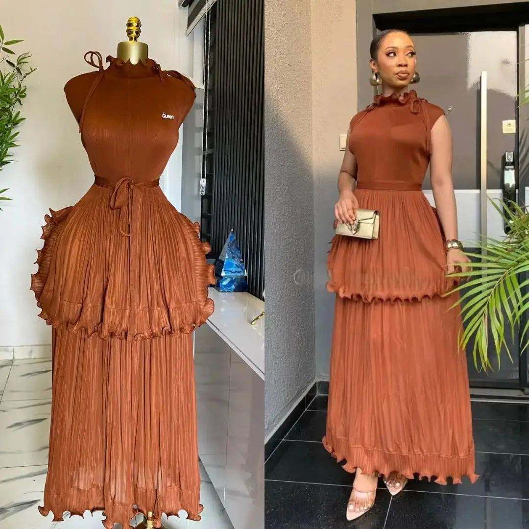 Maxy Summer New Pleated Dress Women's Solid Sleeveless Ruffles Lace Bottom Skirt with Belt Fashion Female Dresses
