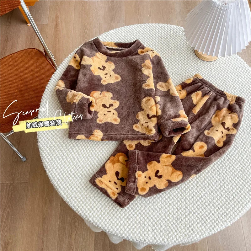 Maxy New 2024 Autumn Winter Kids Thick Warm Flannel Pajama Sets Baby Boys Girls Cartoon Long Sleeve O-neck Clothing Sleepwear Pyjamas