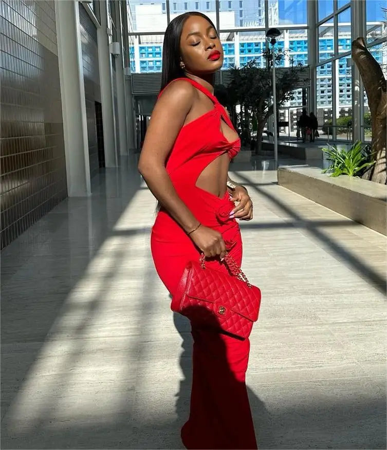 Women Red Party Dress Runway Fashion Crisscross Neck Cut Out Aplliques Pleated Maxi Long Celebrity Evening Birthday Prom Gowns