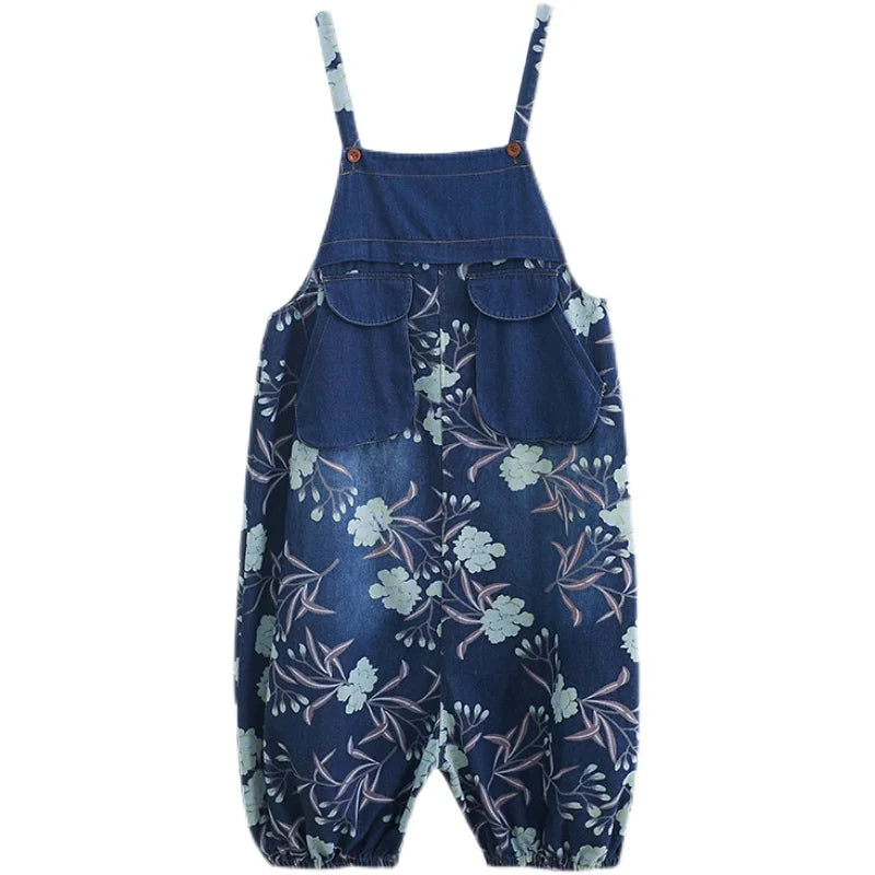Maxy Slimming Floral Print Denim Overalls Women's Loose Fit High Waist Long Pants Autumn Season Fation plus Size Jeans Overalls