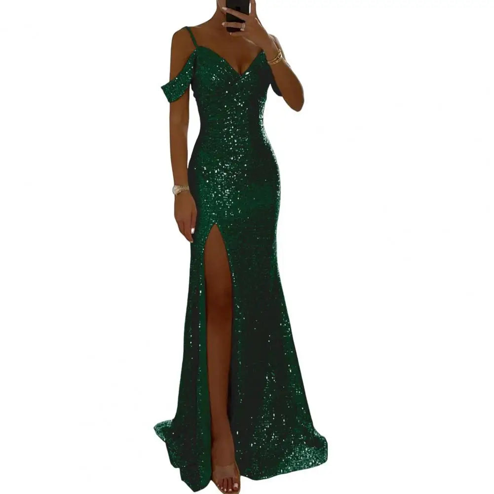 Amay V Neck Dress Elegant Sequin Ball Gown for Prom Wedding Parties Off Shoulder V Neck Maxi Dress with Side Slit Slim Fit Banquet