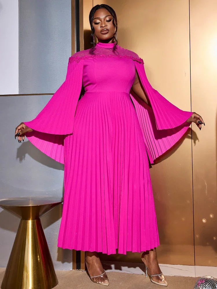 Pleated Dresses for Women Half High Collar Long Cloak Sleeves Mesh Patchwork Fashion Streetwear Elegant Evening Party Maxi Gowns