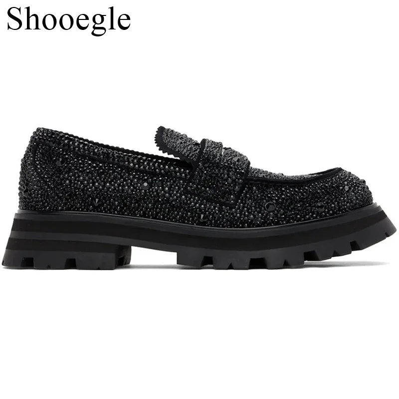 Visco High Quality Black Slip on Loafers British Style Rhinestone Men Casual Shoes Wedding Party Business Dress Shoes