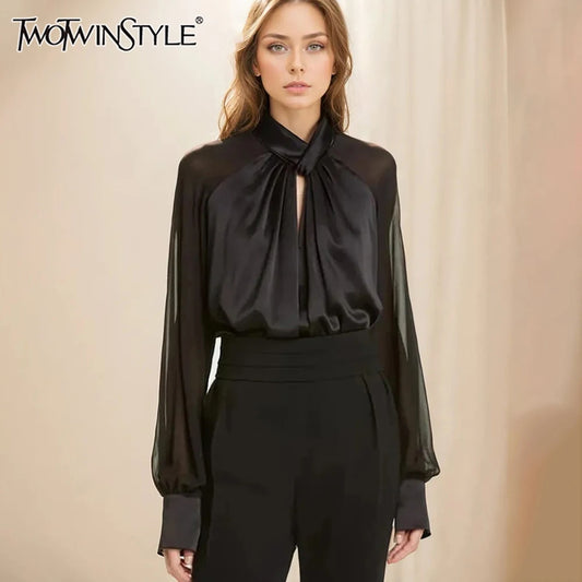 Maxy Solid Minimalist Blouses For Women Stand Collar Long Sleeve Casual Pullovers Shirts Female Fashion Style Clothes