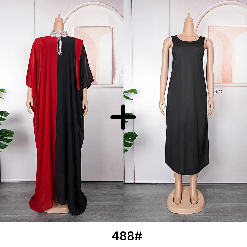 Maxy Loose Dress Contrast Color with Inside Vest Female Church Event Dresses Occasion Half Sleeves Elegant Classy Modest Summer New