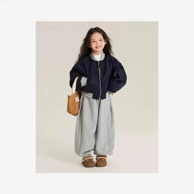 Maxy Girls Suits New Winter Padded Cotton Coat and Fleece Thick Gray Pants Two-piece Set Clothes Korean Simple Style Suits