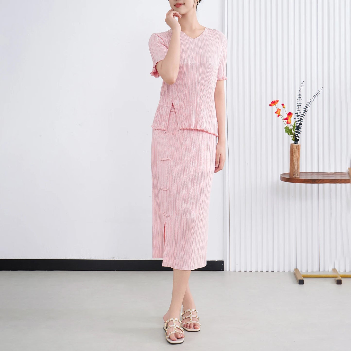 Maxy Summer New Miyake Pleated Set Women's Casual Two-Piece Outfit with Chinese Vintage Style Shirt and Skirt