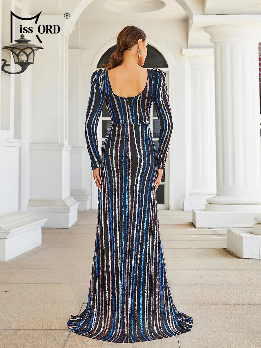 Missord 2024 New Round Neck Long Sleeved Striped Sequin Evening Wedding Birthday Party Maxi Dress