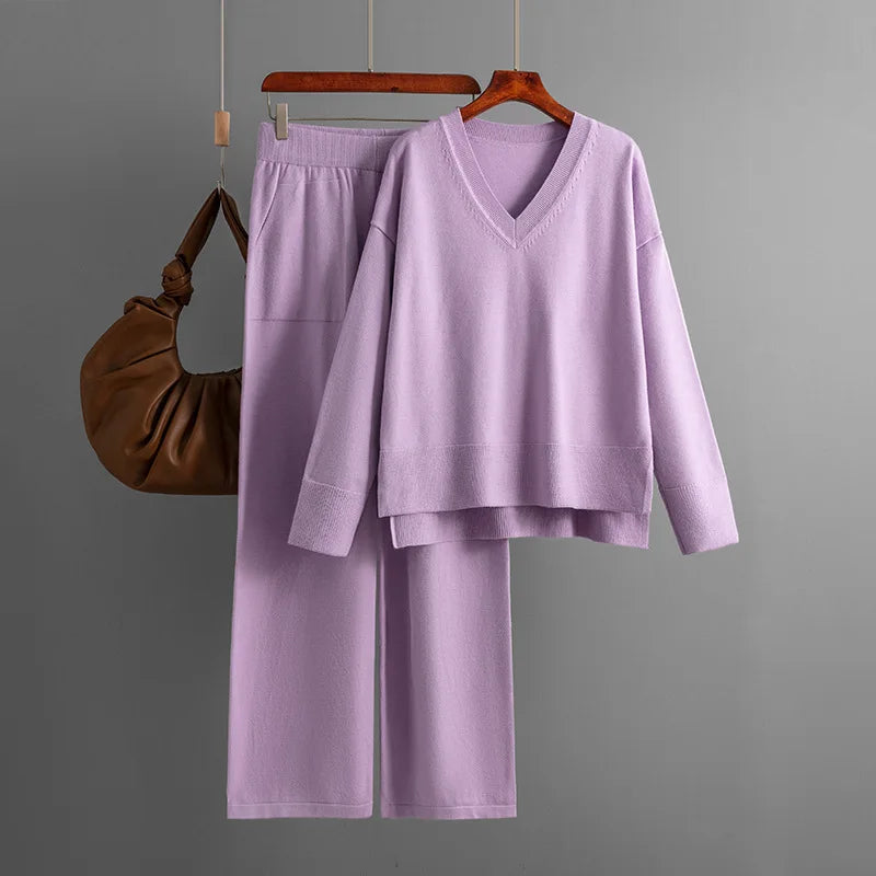 Macy Knit Sweater 2 Pieces Sets Women Loose V-neck American Tops Conjuntos Waist Ankle Length Wide Leg Pants Tracksuit E1136