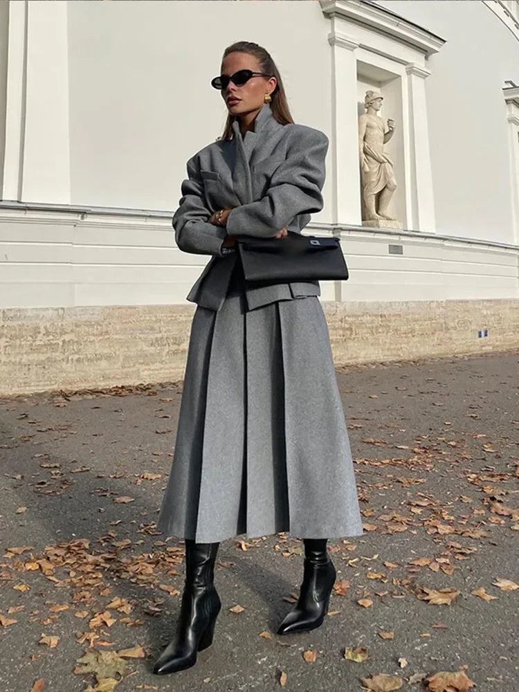 Maxy Women Fashion Solid Woolen Skirt Suits Elegant Stand Collar Full Sleeve Coat Loose Pleated Long Skirts Set Fall Chic Lady Outfit