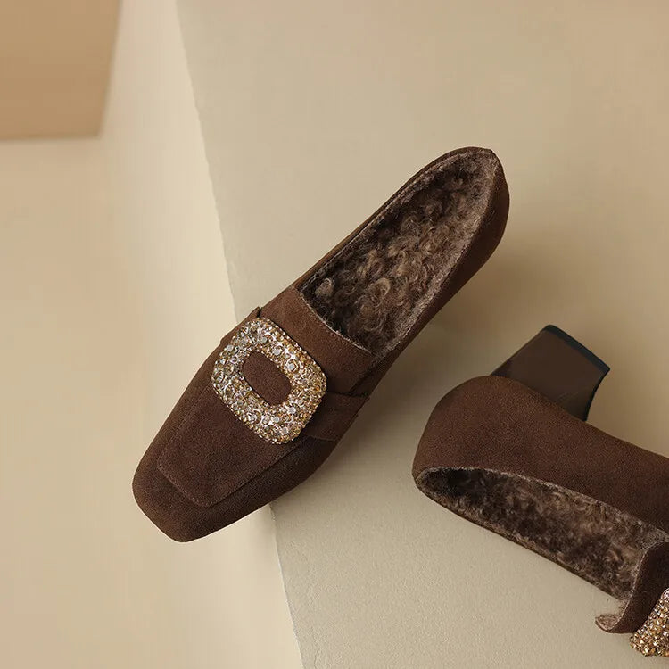 Maxy New Autumn Sheep Suede Loafers French Square Toe Chunky Heels Winter Plush Women Pumps Shoes for Women Zaptos De Mujer