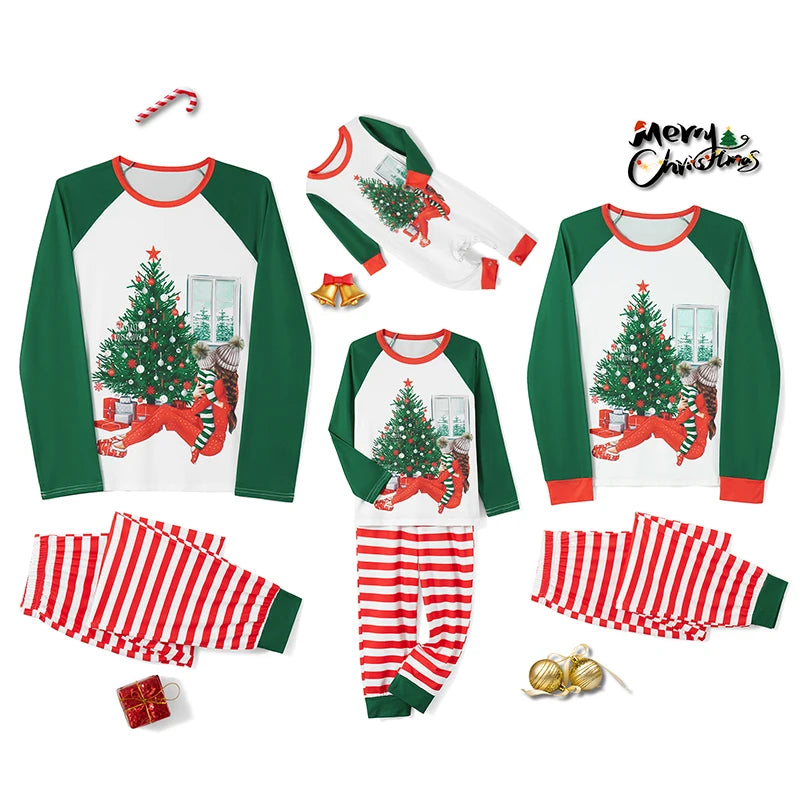 Family Pajamas Matching Outfits Set Christmas Tree Print Long Sleeve Tops and Elastic Striped Pants Loungewear Soft Sleepwear