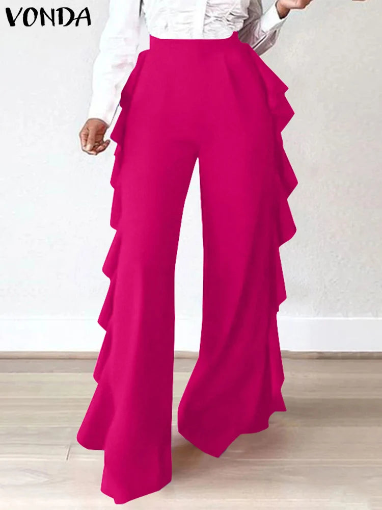 Maxy Plus Size Women Long Wide Leg Pants Solid Color Casual Loose Ruffled Elastic Waist Trousers Fashion Bottoms Oversized