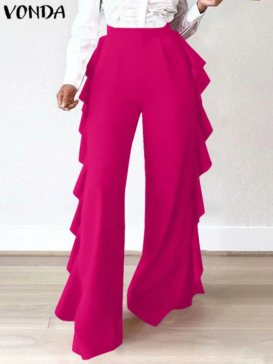 Maxy Plus Size Women Long Wide Leg Pants Solid Color Casual Loose Ruffled Elastic Waist Trousers Fashion Bottoms Oversized