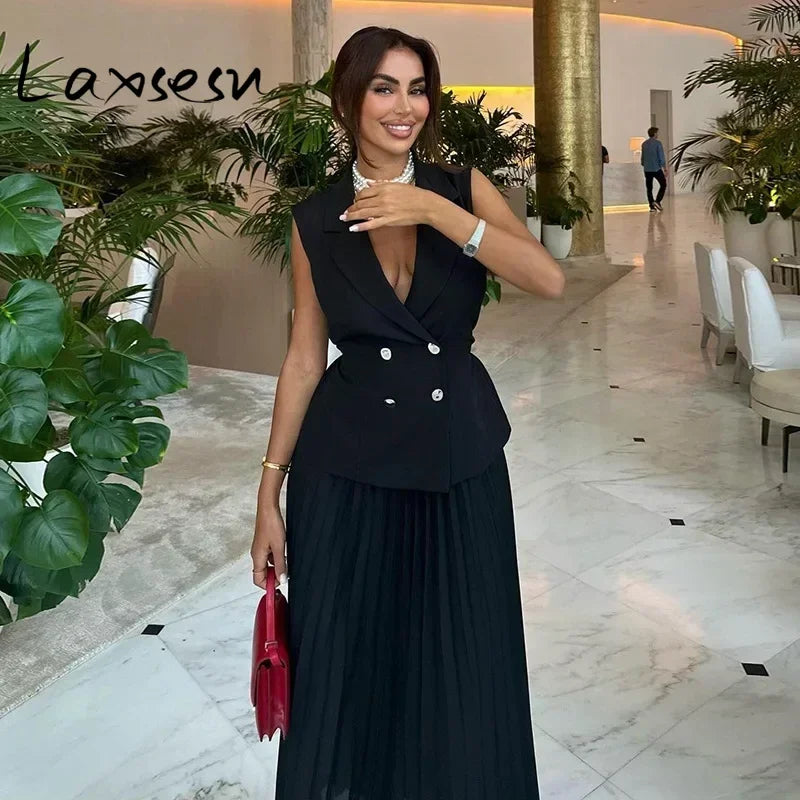 Maxy Two Piece Skirt Sets Casual Outfits Women Double Breasted Blazer Top + Pleated Long Skirts Suit Female Vocation Clothes