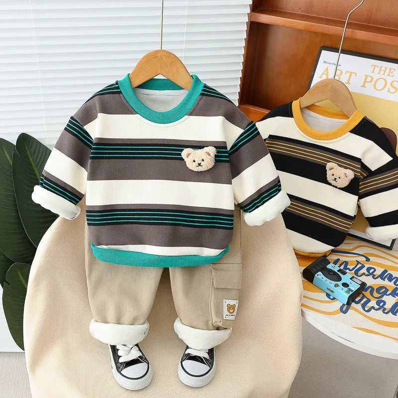 Maxy Children Clothing Sets Autumn Winter Baby Boys Stripe Sweatshirt Pants Warm Plush Toddler Kids Tracksuit Infant Clothes Outfits