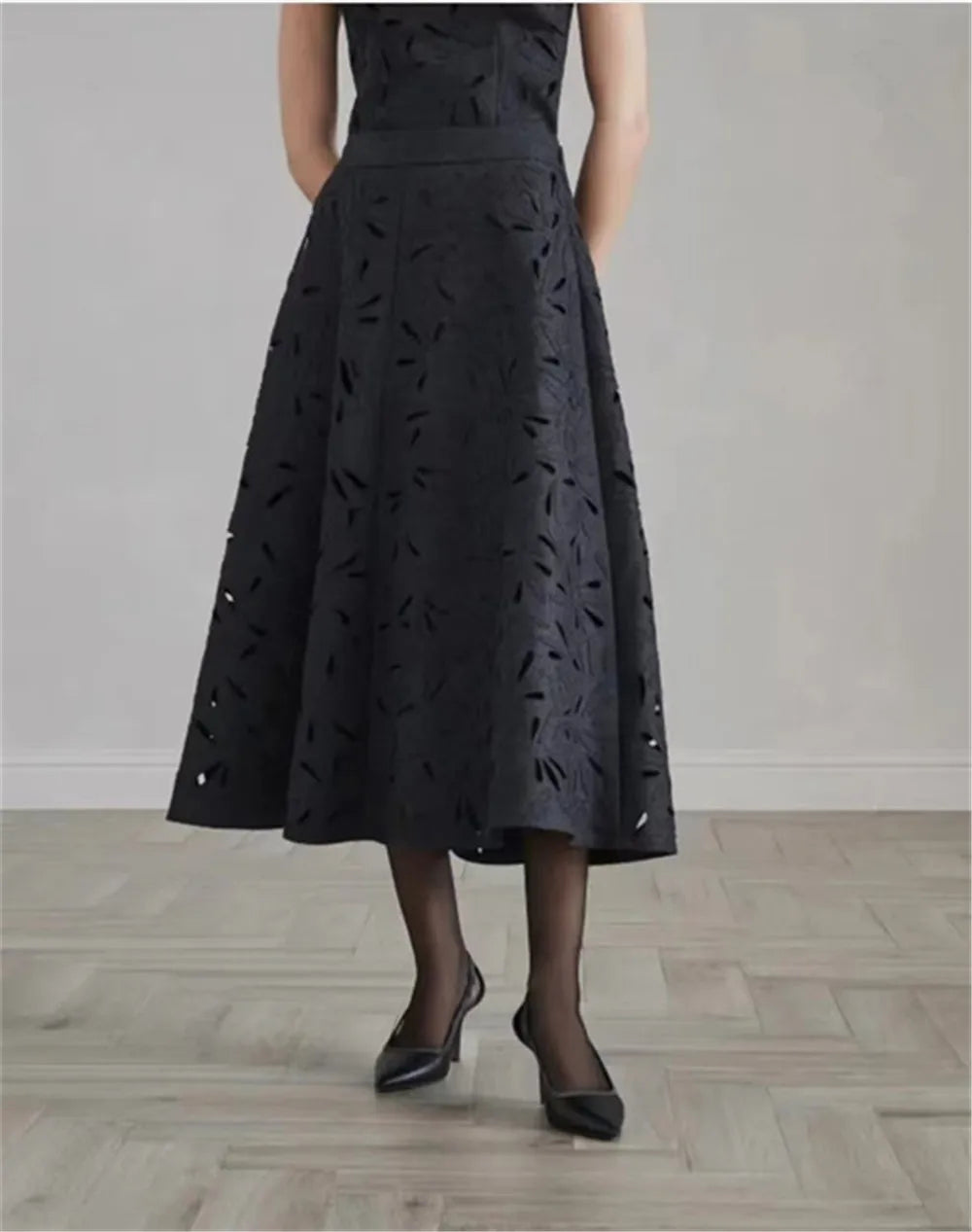 Maxy Autumn B*C Hollow Pattern Wool Short Jacket Coat + High Waist A-Line Skirt Women's Clothing 2-Piece Set