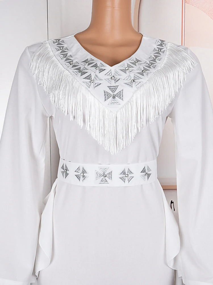 Autumn Maxy Luxury Diamond V Neck With Tassle For Women Evening Party Dress Flare Sleeve Elegant Chic Ruffles Formal Occasion Gownss