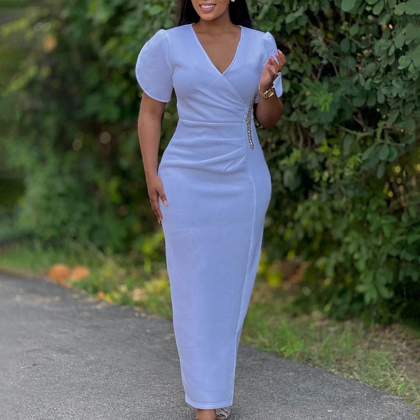 Maxy Elegant Dresses Woman Wedding Party Luxury Plus Size V Neck Short Sleeve Sheath Solid Ankle Length Fashion dress