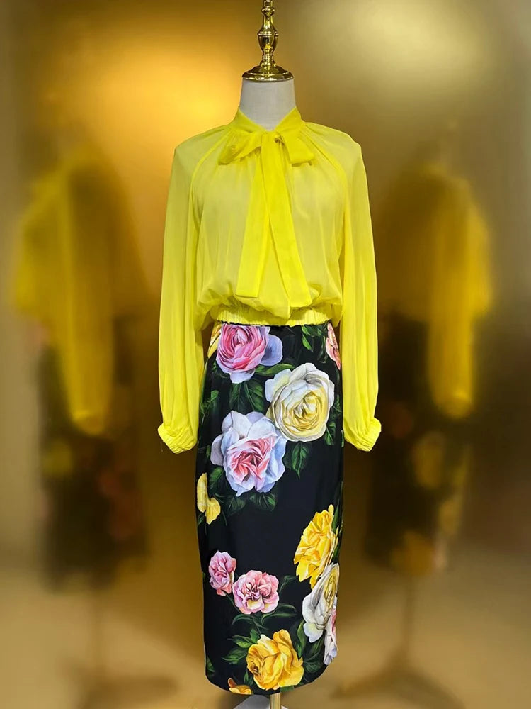 Maxy spring women's new chiffon silk straight shirt two-piece set + high-waisted printed silk wrap hip skirt fashion set