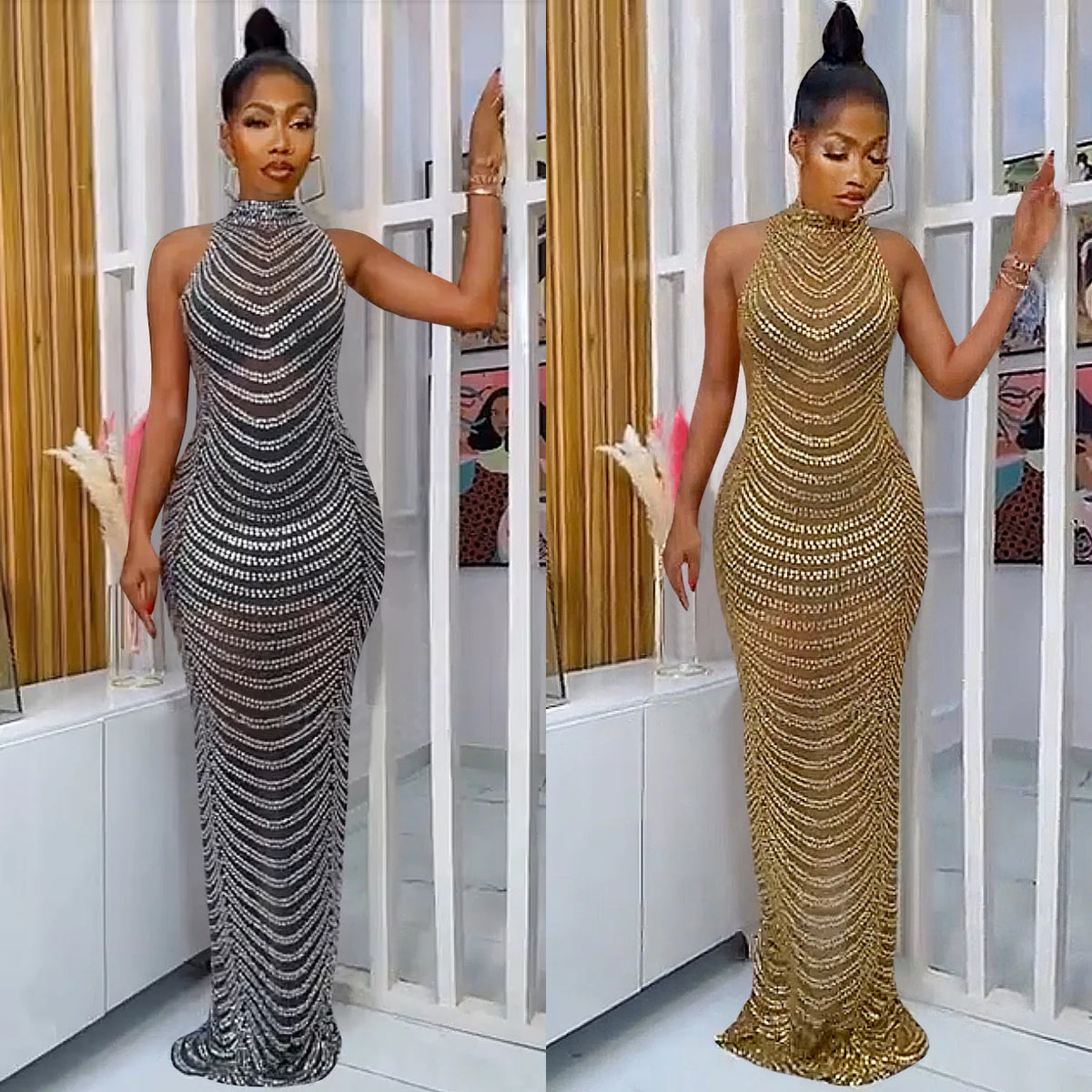Maxy Sequins Party Dress Bandage Bodycon Maxy Robe Stand Collar Lone Sleeve Zipper Perspective Fishtail Long Dress African Clothes