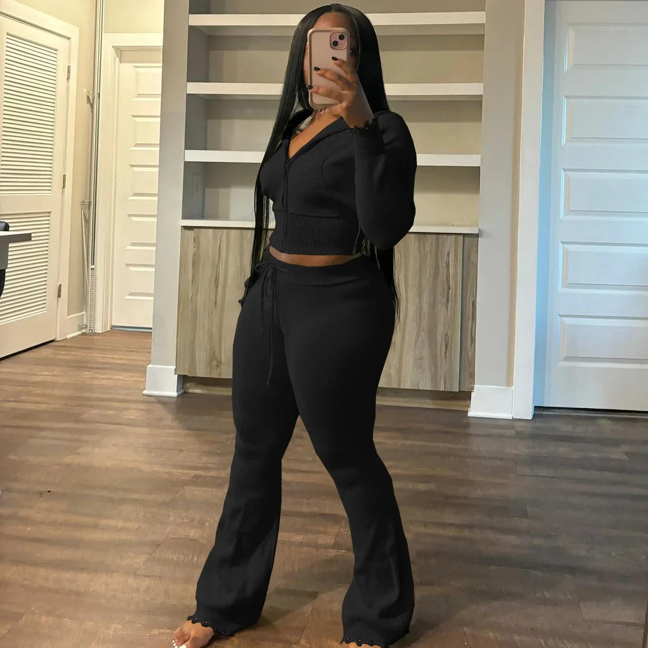 Maxy FAGADOER Casual Knitting 2 Piece Sets Women Outfit Solid Color Zip Crop Hooded Top + Flare Pants Suits Female Streetwear